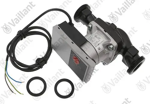 Vaillant Pumpe mit einem motorisierten Block und elektrischen Anschlüssen, inklusive zwei Dichtungsringen und einem Kabel mit mehreren Adern.